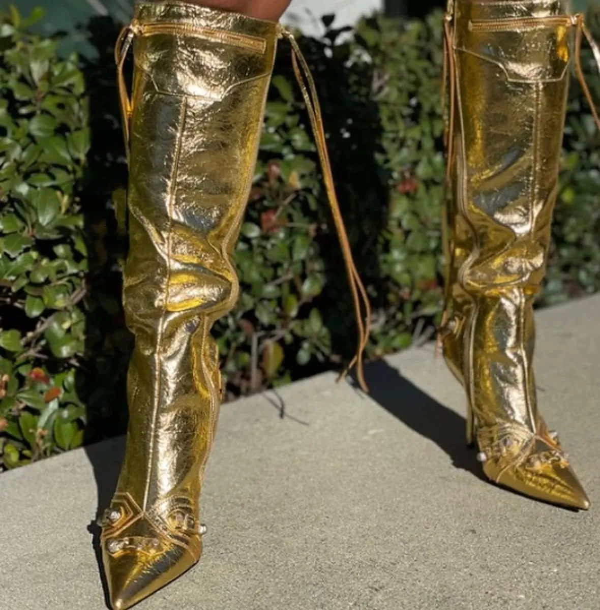 Liliana Womem Knee High Boots Pointed Toe Stiletto Heels Side Zipper Rivets Tassels Boots Bexie-3