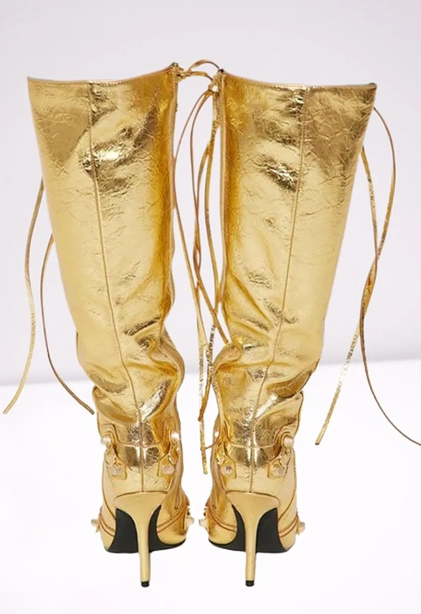Liliana Womem Knee High Boots Pointed Toe Stiletto Heels Side Zipper Rivets Tassels Boots Bexie-3