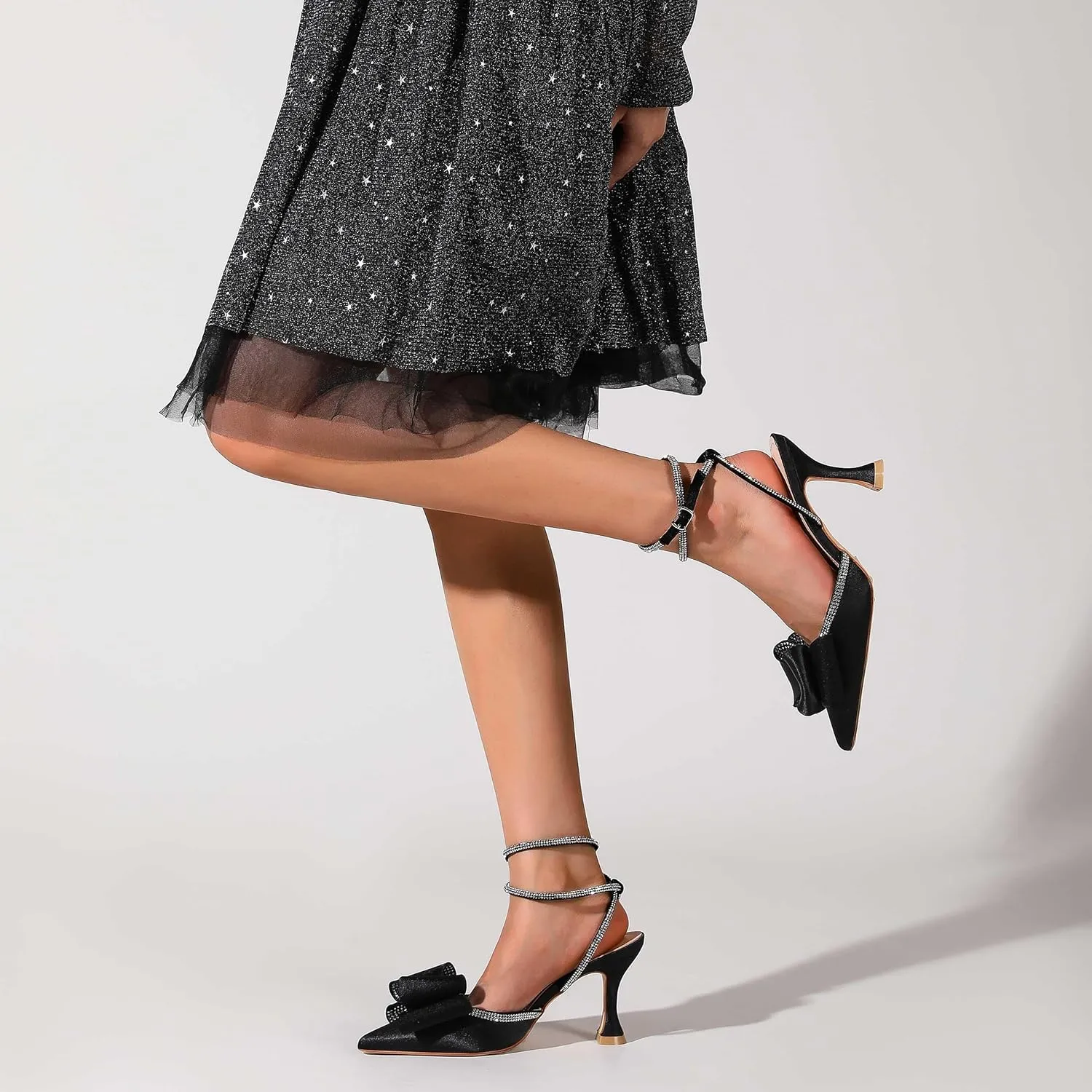 LingxiaUne Black Butterfly Heels Womens Pointed Toe Rhinestone Slingback Sexy High Heels Sandals Fashionable Elegant Shoes