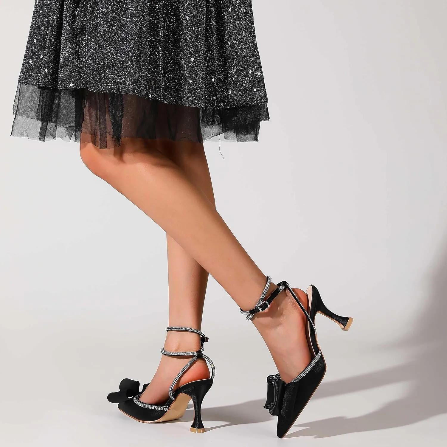 LingxiaUne Black Butterfly Heels Womens Pointed Toe Rhinestone Slingback Sexy High Heels Sandals Fashionable Elegant Shoes