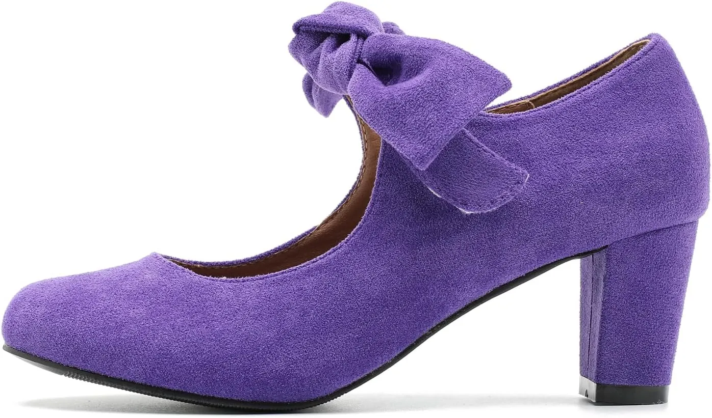 LIURUIJIA Women's Bow Mary Jane Low Block Heel Pumps Round Toe Ankle Strap Wedding Evening Party Dress Shoes