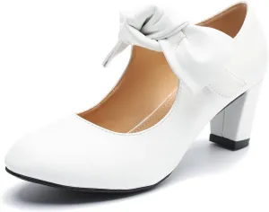 LIURUIJIA Women's Bow Mary Jane Low Block Heel Pumps Round Toe Ankle Strap Wedding Evening Party Dress Shoes