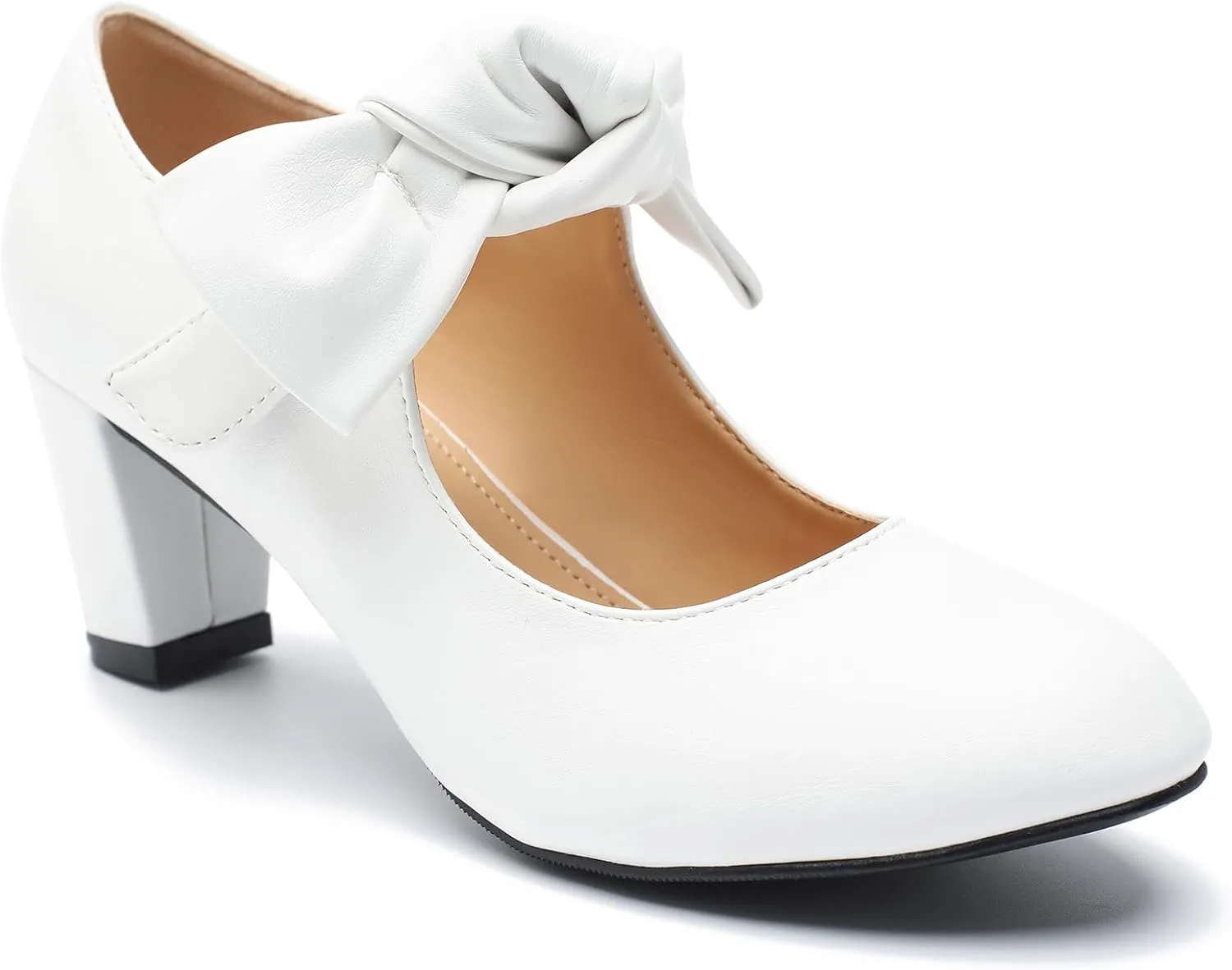 LIURUIJIA Women's Bow Mary Jane Low Block Heel Pumps Round Toe Ankle Strap Wedding Evening Party Dress Shoes