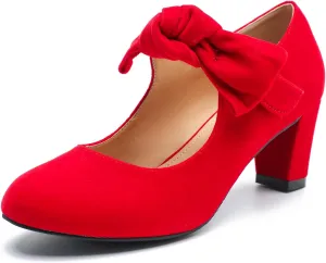 LIURUIJIA Women's Bow Mary Jane Low Block Heel Pumps Round Toe Ankle Strap Wedding Evening Party Dress Shoes