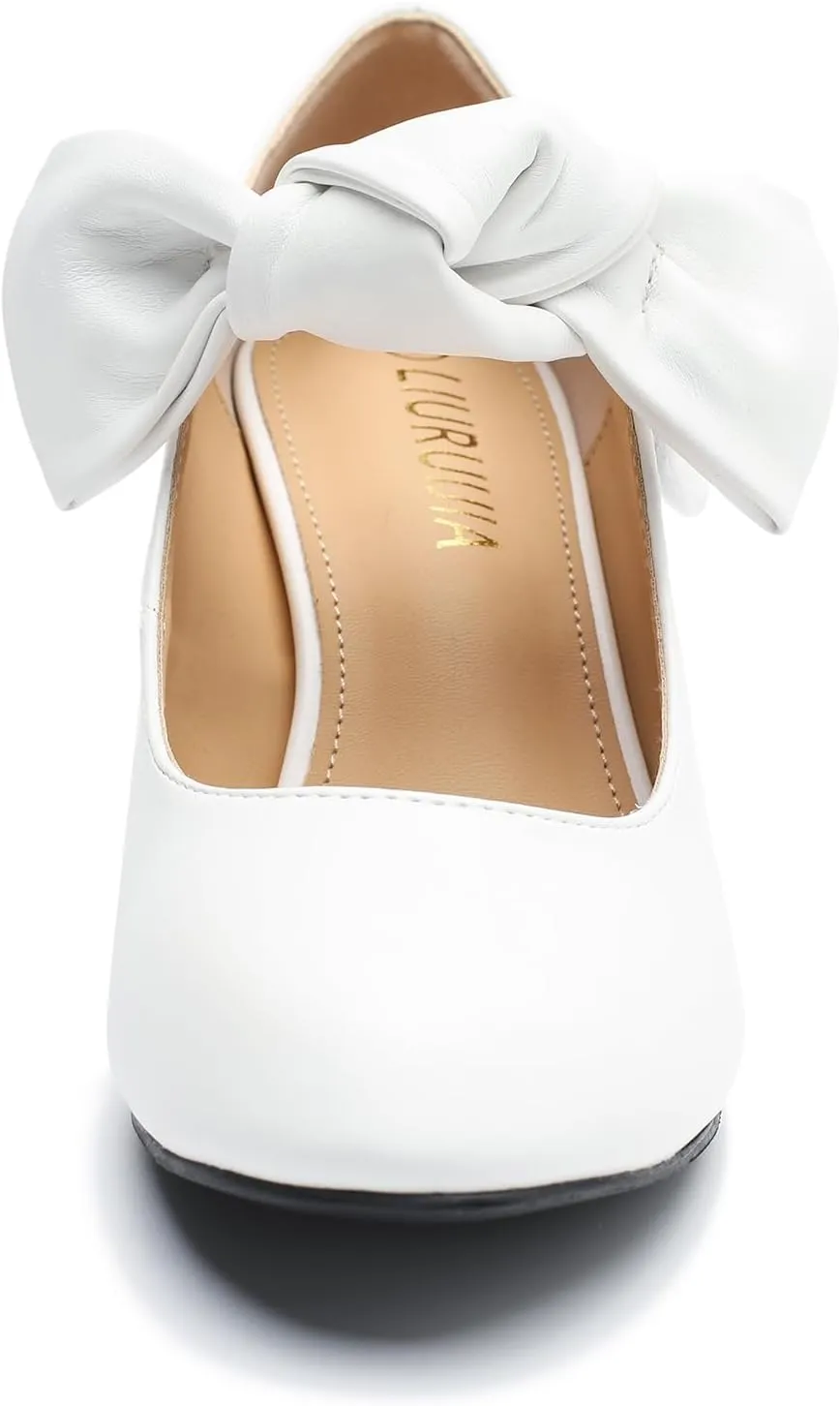 LIURUIJIA Women's Bow Mary Jane Low Block Heel Pumps Round Toe Ankle Strap Wedding Evening Party Dress Shoes