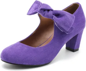 LIURUIJIA Women's Bow Mary Jane Low Block Heel Pumps Round Toe Ankle Strap Wedding Evening Party Dress Shoes