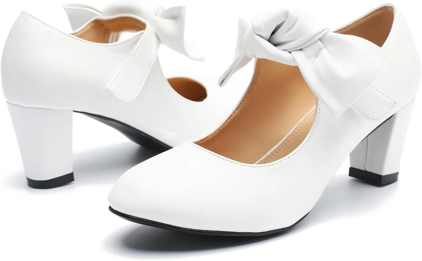 LIURUIJIA Women's Bow Mary Jane Low Block Heel Pumps Round Toe Ankle Strap Wedding Evening Party Dress Shoes