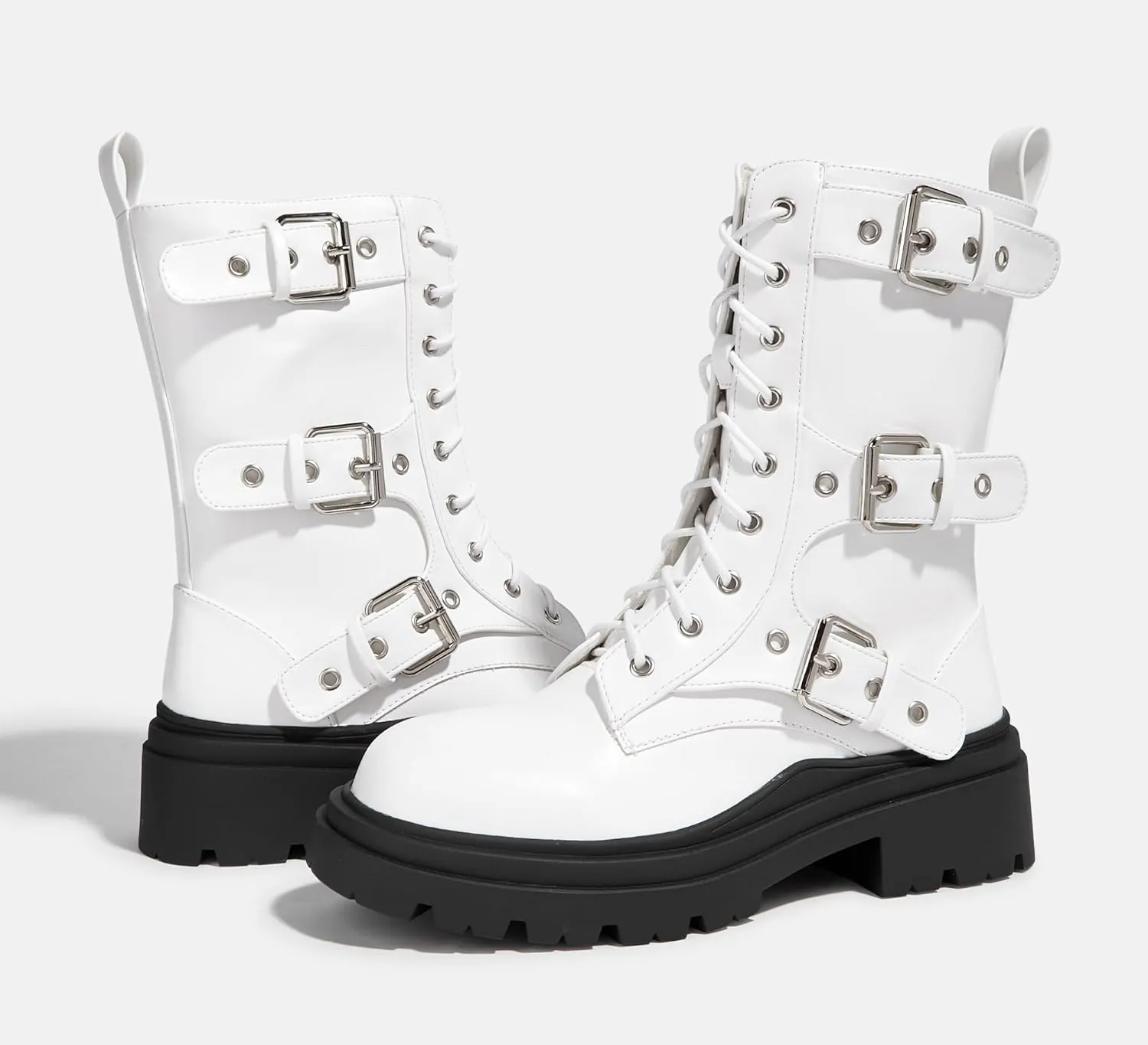 LUCKY STEP Women's Combat Boots-Platform Chunky Mid Calf Boots Ankle Booties Motorcycle Side Zipper Buckles Goth Booties