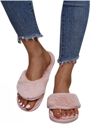Masbird House Slippers for Women Plush Fuzzy Summer Slip On Bedroom Shoes Open Toe Indoor Outdoor Flip Flop Pink