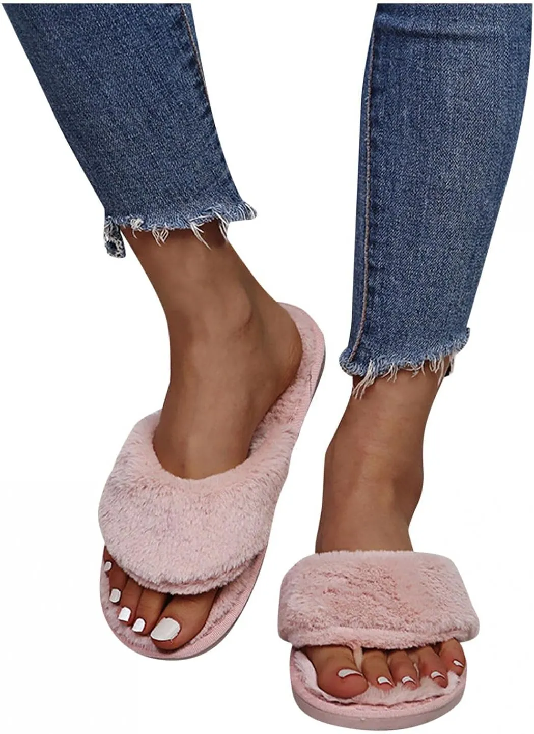 Masbird House Slippers for Women Plush Fuzzy Summer Slip On Bedroom Shoes Open Toe Indoor Outdoor Flip Flop Pink