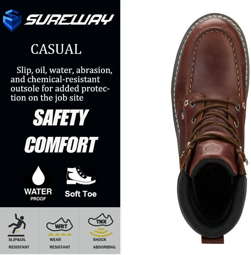 Men 6 Inch Waterproof Soft Toe Work Boots - Moc Toe,Construction Industrial Safety Leather Work Shoes,Oil/Slip Resistant Comfortable Wedge Outsole,EH Rated,Goodyear Welt,Lace Up,Heavy Duty