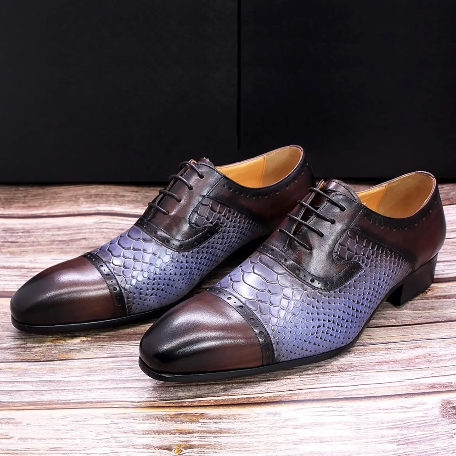 Men Brown and Blue Lace-up Shoes Casual Wingtip Derbys Formal Oxford Shoes Business Wedding Party,Brown-44