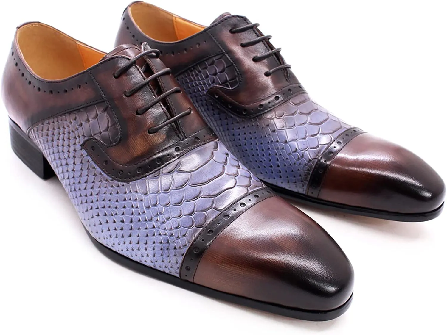 Men Brown and Blue Lace-up Shoes Casual Wingtip Derbys Formal Oxford Shoes Business Wedding Party,Brown-44