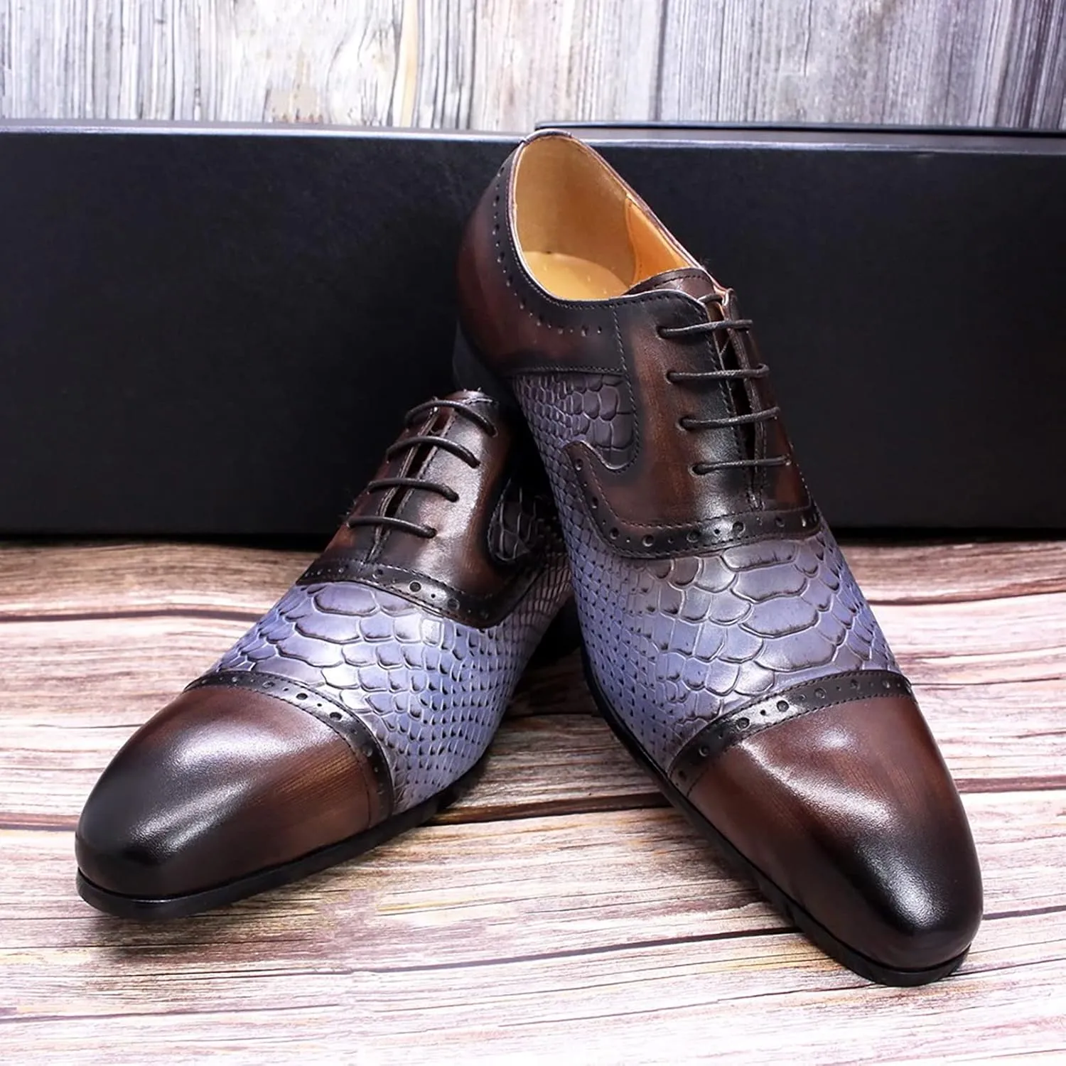 Men Brown and Blue Lace-up Shoes Casual Wingtip Derbys Formal Oxford Shoes Business Wedding Party,Brown-44