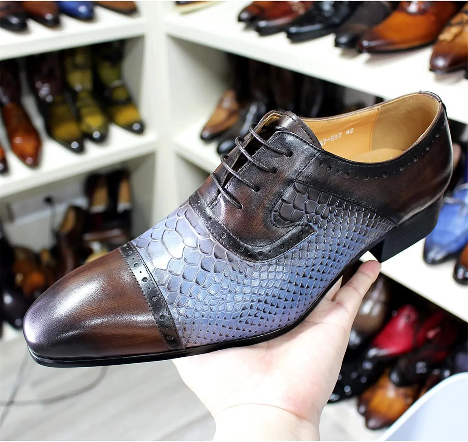 Men Brown and Blue Lace-up Shoes Casual Wingtip Derbys Formal Oxford Shoes Business Wedding Party,Brown-44