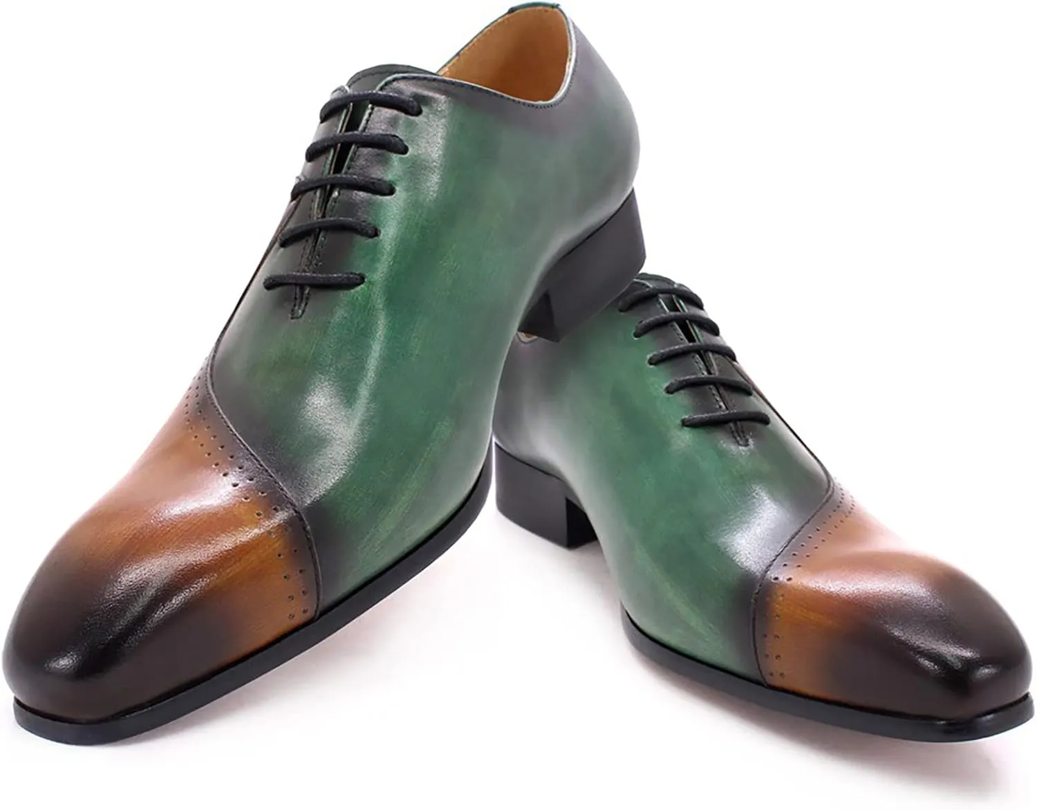 Mens Brown and Green Leather Uniform Shoes Dress Formal Lace Up Derby Shoe Classic Work Oxfords Office Wedding,Brown-43