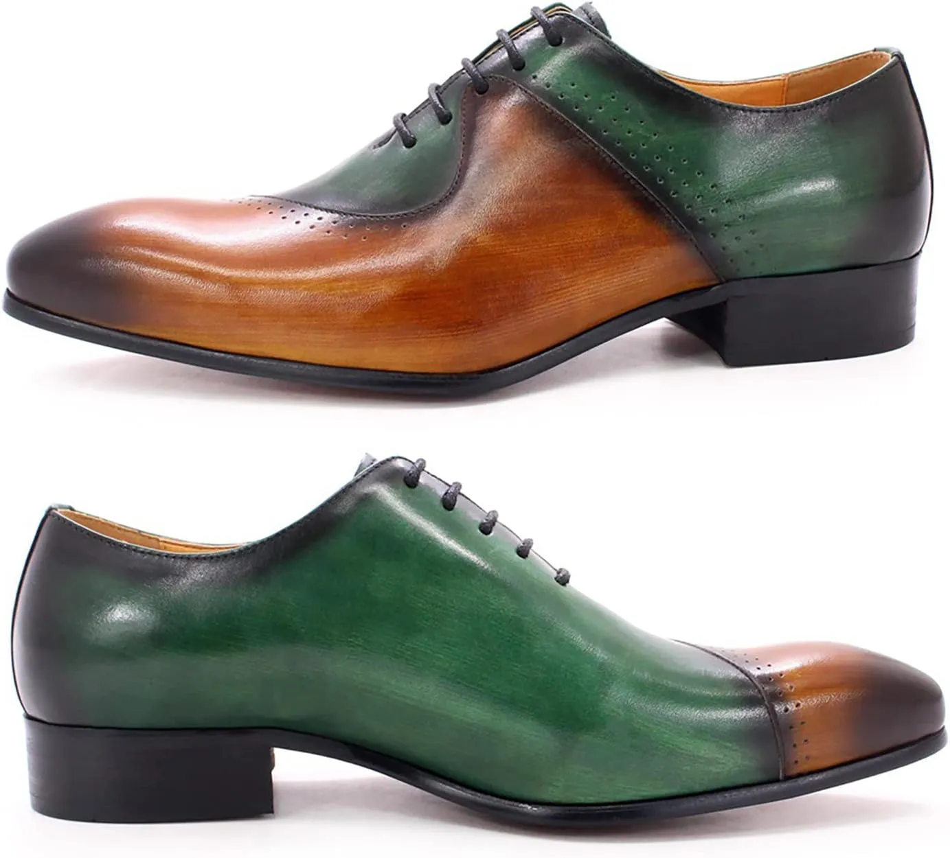 Mens Brown and Green Leather Uniform Shoes Dress Formal Lace Up Derby Shoe Classic Work Oxfords Office Wedding,Brown-43