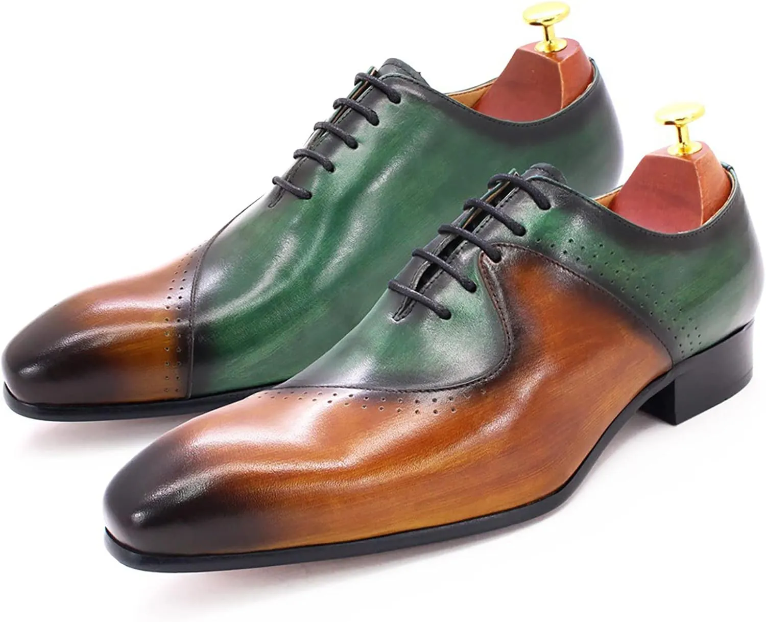 Mens Brown and Green Leather Uniform Shoes Dress Formal Lace Up Derby Shoe Classic Work Oxfords Office Wedding,Brown-43