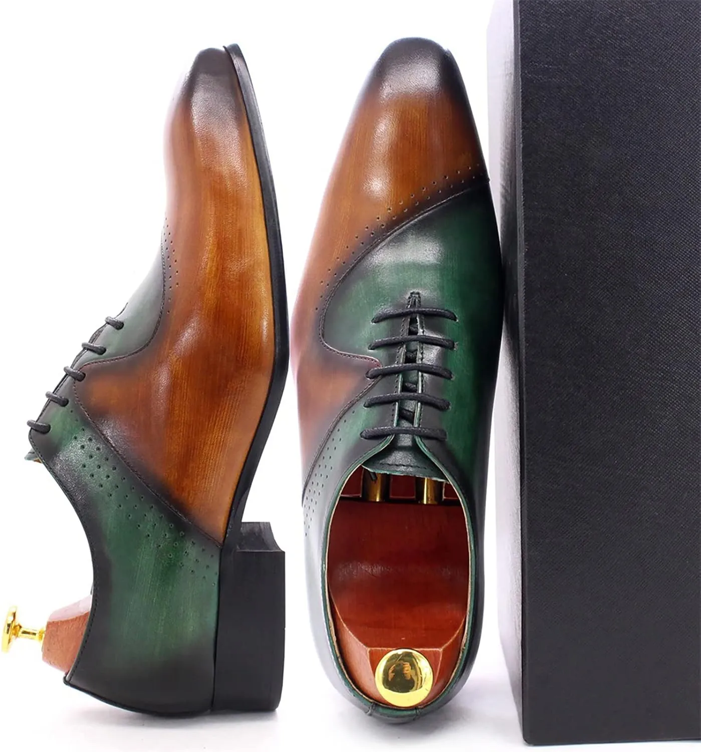 Mens Brown and Green Leather Uniform Shoes Dress Formal Lace Up Derby Shoe Classic Work Oxfords Office Wedding,Brown-43