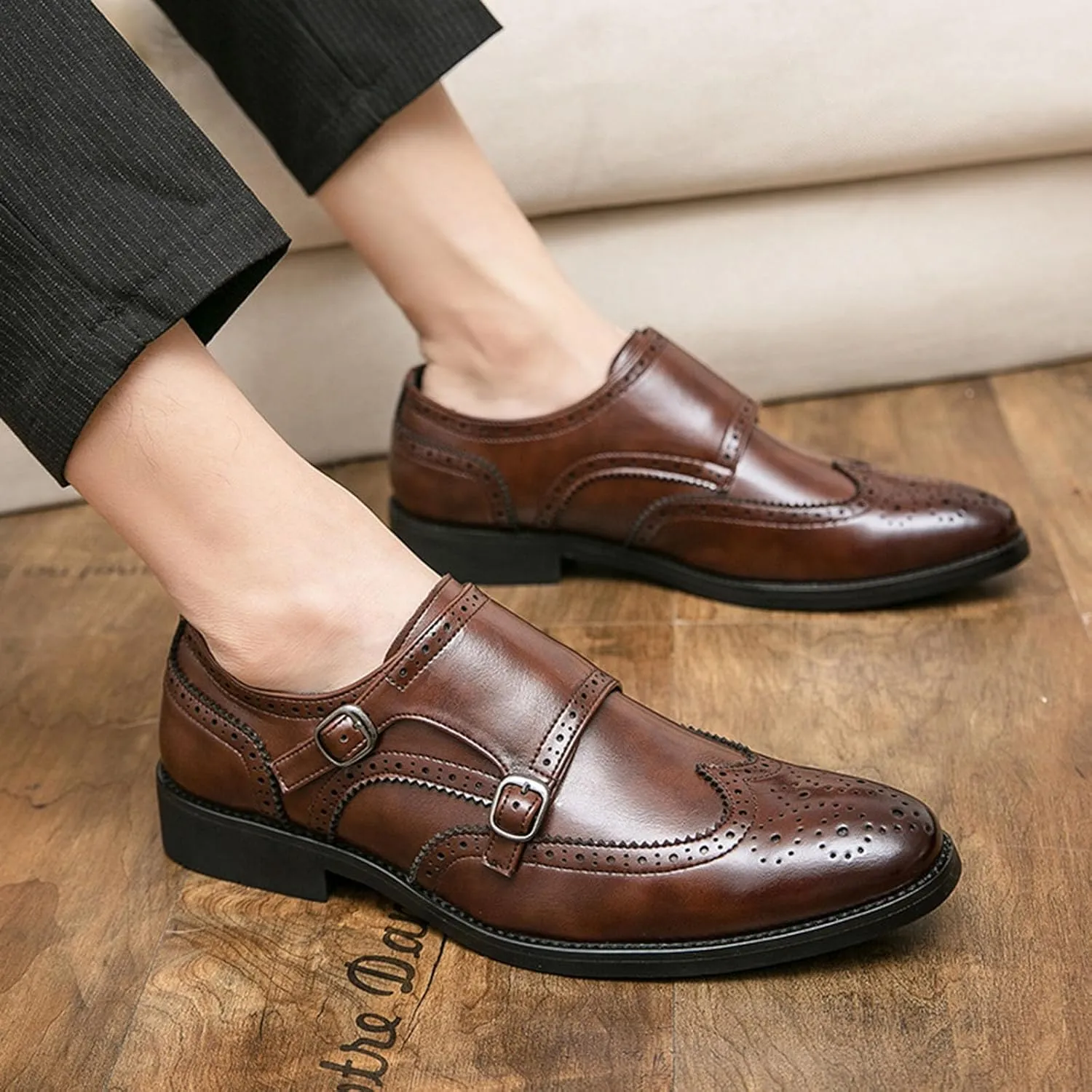 Men's Business Buckle and Put On Formal Leather Shoes Fashionable Formal and Comfortable Dress Oxford Shoes
