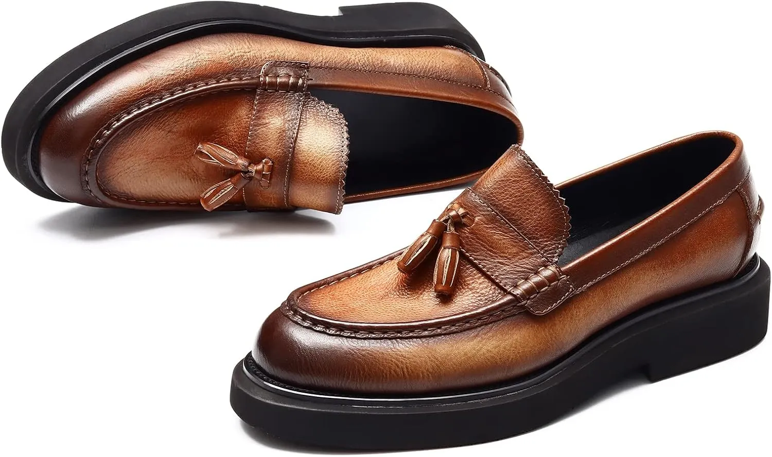Men's Business Casual Loafers - Genuine Cowhide Leather Round Toe Thick Bottom Tassel Casual Loafers with Non-Slip Rubber Soles Suitable for Party Evening Ball Wedding Dress Commuting Wear