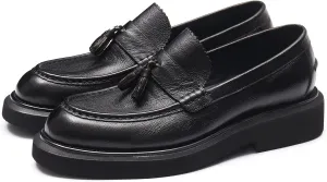 Men's Business Casual Loafers - Genuine Cowhide Leather Round Toe Thick Bottom Tassel Casual Loafers with Non-Slip Rubber Soles Suitable for Party Evening Ball Wedding Dress Commuting Wear