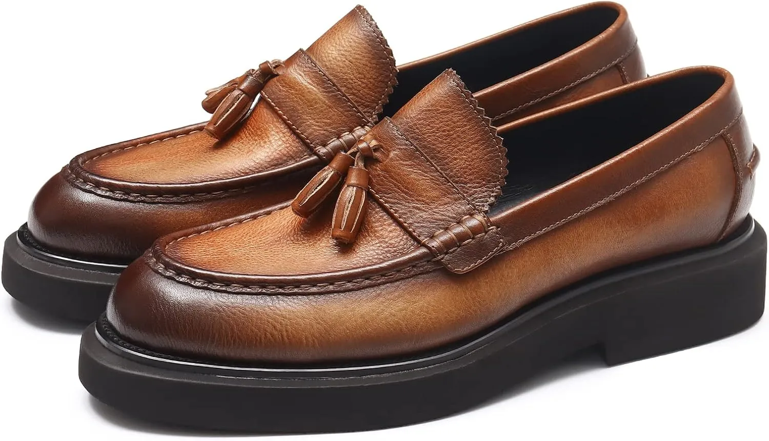 Men's Business Casual Loafers - Genuine Cowhide Leather Round Toe Thick Bottom Tassel Casual Loafers with Non-Slip Rubber Soles Suitable for Party Evening Ball Wedding Dress Commuting Wear