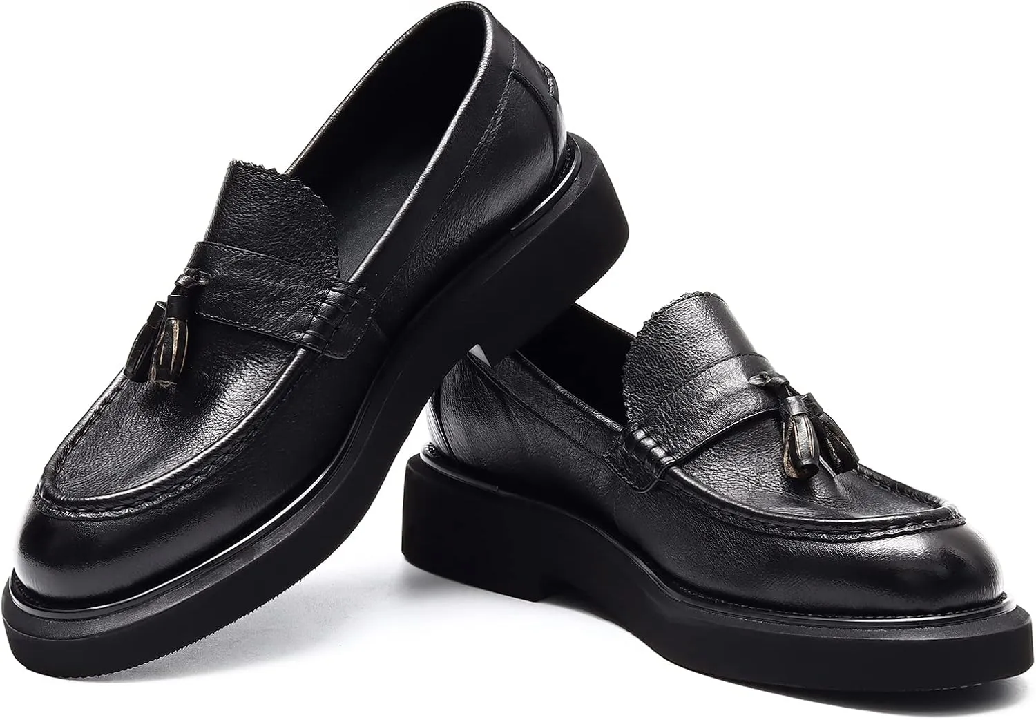 Men's Business Casual Loafers - Genuine Cowhide Leather Round Toe Thick Bottom Tassel Casual Loafers with Non-Slip Rubber Soles Suitable for Party Evening Ball Wedding Dress Commuting Wear