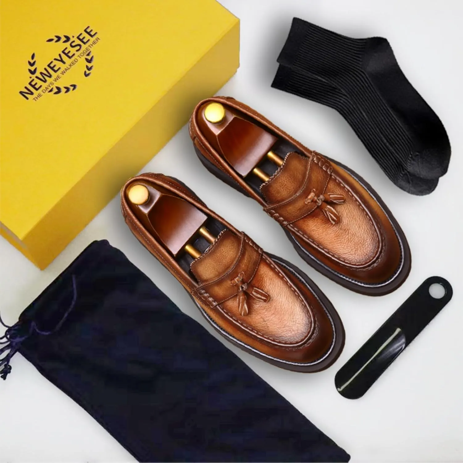 Men's Business Casual Loafers - Genuine Cowhide Leather Round Toe Thick Bottom Tassel Casual Loafers with Non-Slip Rubber Soles Suitable for Party Evening Ball Wedding Dress Commuting Wear