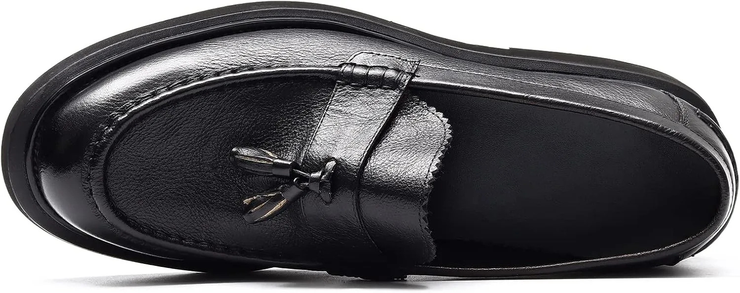 Men's Business Casual Loafers - Genuine Cowhide Leather Round Toe Thick Bottom Tassel Casual Loafers with Non-Slip Rubber Soles Suitable for Party Evening Ball Wedding Dress Commuting Wear