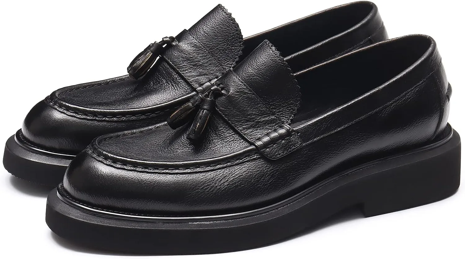 Men's Business Casual Loafers - Genuine Cowhide Leather Round Toe Thick Bottom Tassel Casual Loafers with Non-Slip Rubber Soles Suitable for Party Evening Ball Wedding Dress Commuting Wear