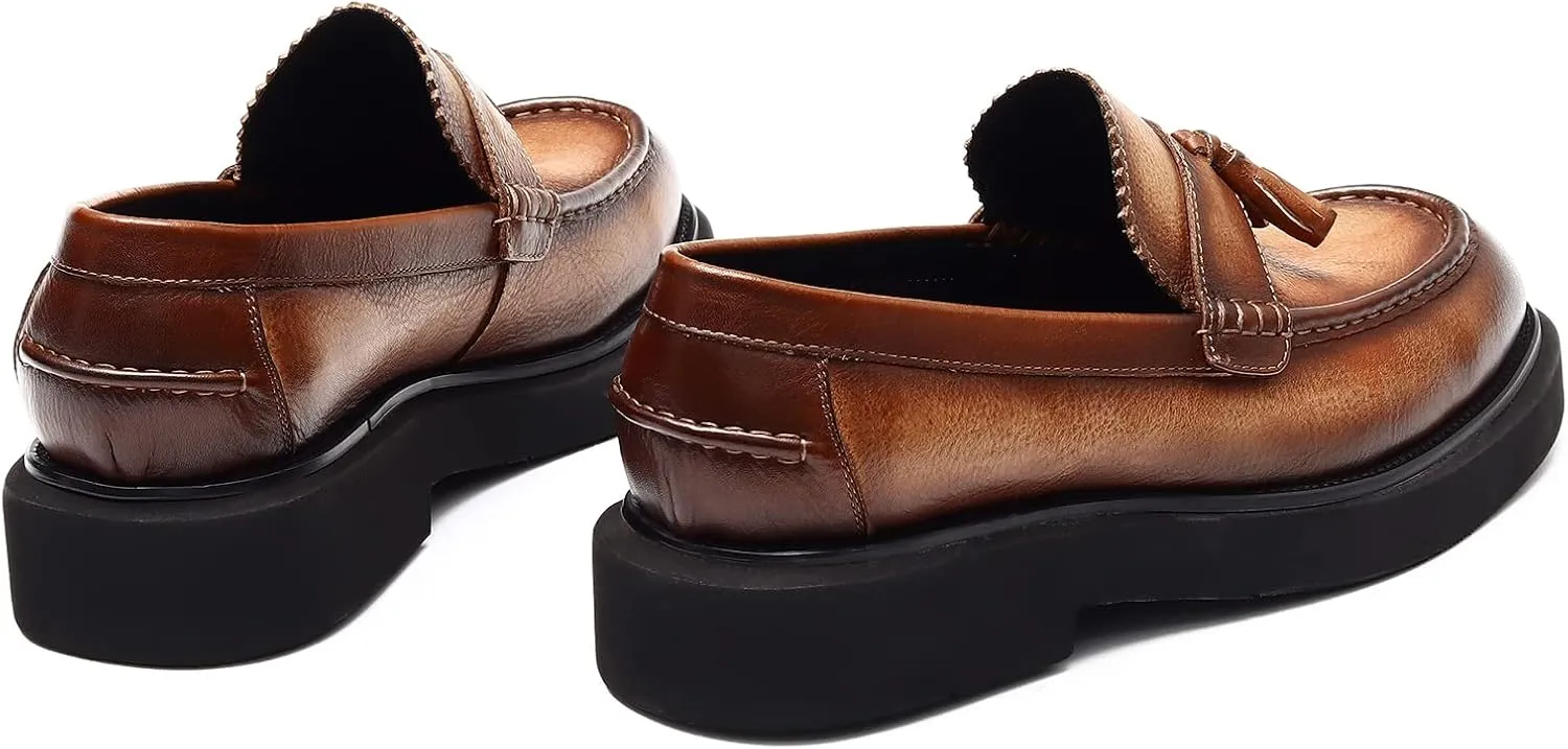 Men's Business Casual Loafers - Genuine Cowhide Leather Round Toe Thick Bottom Tassel Casual Loafers with Non-Slip Rubber Soles Suitable for Party Evening Ball Wedding Dress Commuting Wear