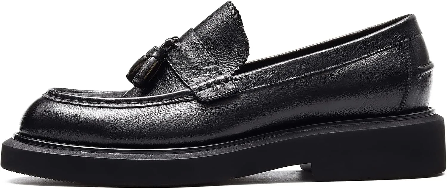 Men's Business Casual Loafers - Genuine Cowhide Leather Round Toe Thick Bottom Tassel Casual Loafers with Non-Slip Rubber Soles Suitable for Party Evening Ball Wedding Dress Commuting Wear