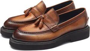 Men's Business Casual Loafers - Genuine Cowhide Leather Round Toe Thick Bottom Tassel Casual Loafers with Non-Slip Rubber Soles Suitable for Party Evening Ball Wedding Dress Commuting Wear