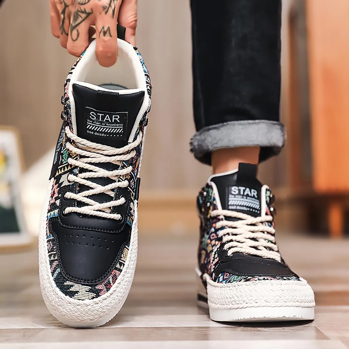 Mens Canvas Shoes High Top Casual Shoes Western Walking Sneakers Lace up Walking Shoes for Men
