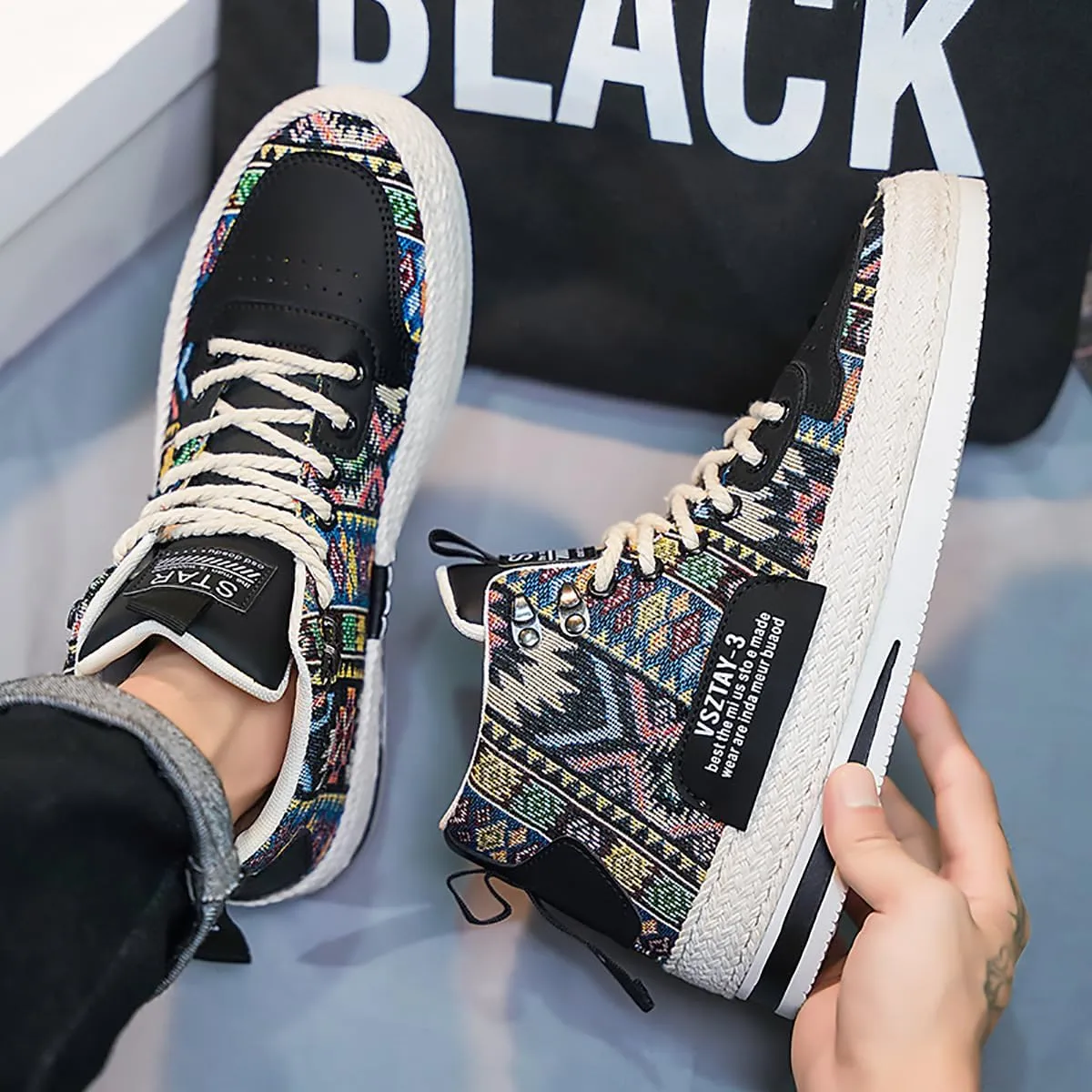 Mens Canvas Shoes High Top Casual Shoes Western Walking Sneakers Lace up Walking Shoes for Men