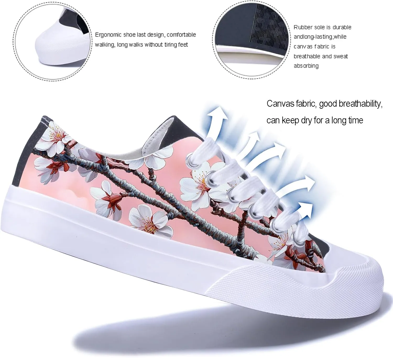 Men's Fashion Sneakers Low Top Canvas Shoes Cherry Blossom Sakura Pattern Casual Breathable Walking Tennis Shoes for Women