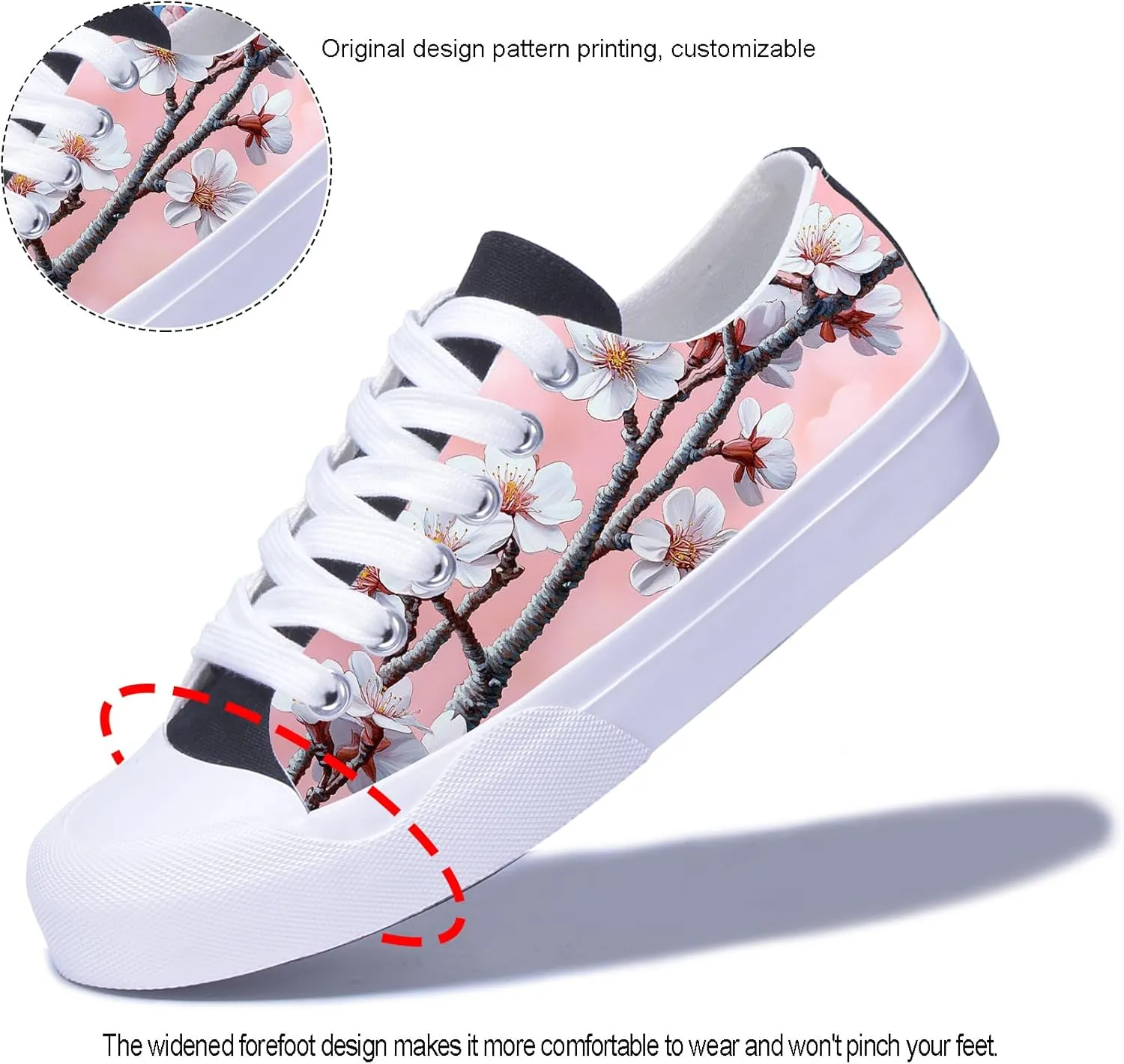 Men's Fashion Sneakers Low Top Canvas Shoes Cherry Blossom Sakura Pattern Casual Breathable Walking Tennis Shoes for Women