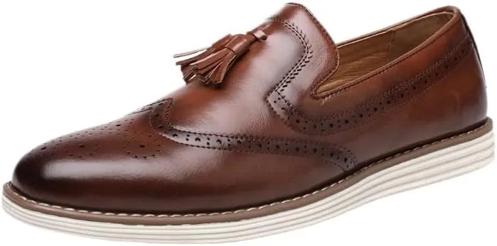 Men's Italian Style Slip-On Brogue Dress Shoes, Formal Business Platform Oxford Loafers with Tassel for Office, Weddings, and Formal Occasions