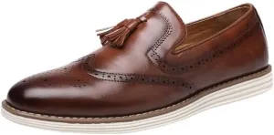 Men's Italian Style Slip-On Brogue Dress Shoes, Formal Business Platform Oxford Loafers with Tassel for Office, Weddings, and Formal Occasions