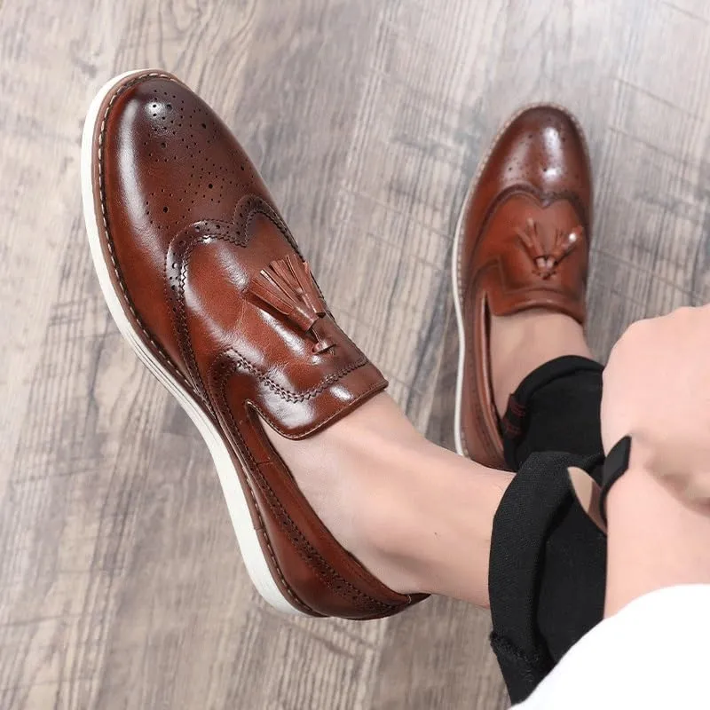 Men's Italian Style Slip-On Brogue Dress Shoes, Formal Business Platform Oxford Loafers with Tassel for Office, Weddings, and Formal Occasions