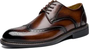 Men's Leather Brown Dress Oxfords Business Wingtip Shoe Classic Wedding Formal Lace Up Leather Shoes for Prom Party Brown- US10/UK9/EU43