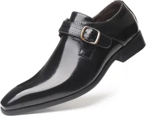 Men's Leather Rubbed Color Chunky Heel Formal Loafers Retro Pointed Metal Monk Buckle Non-Slip One-Step Business Wedding Formal Shoes
