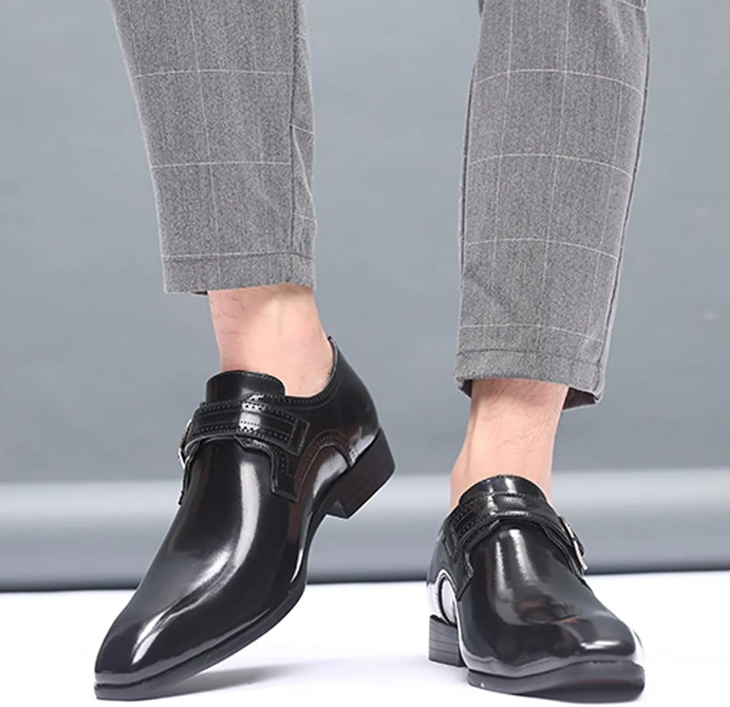 Men's Leather Rubbed Color Chunky Heel Formal Loafers Retro Pointed Metal Monk Buckle Non-Slip One-Step Business Wedding Formal Shoes