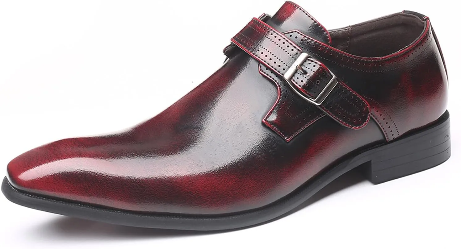 Men's Leather Rubbed Color Chunky Heel Formal Loafers Retro Pointed Metal Monk Buckle Non-Slip One-Step Business Wedding Formal Shoes