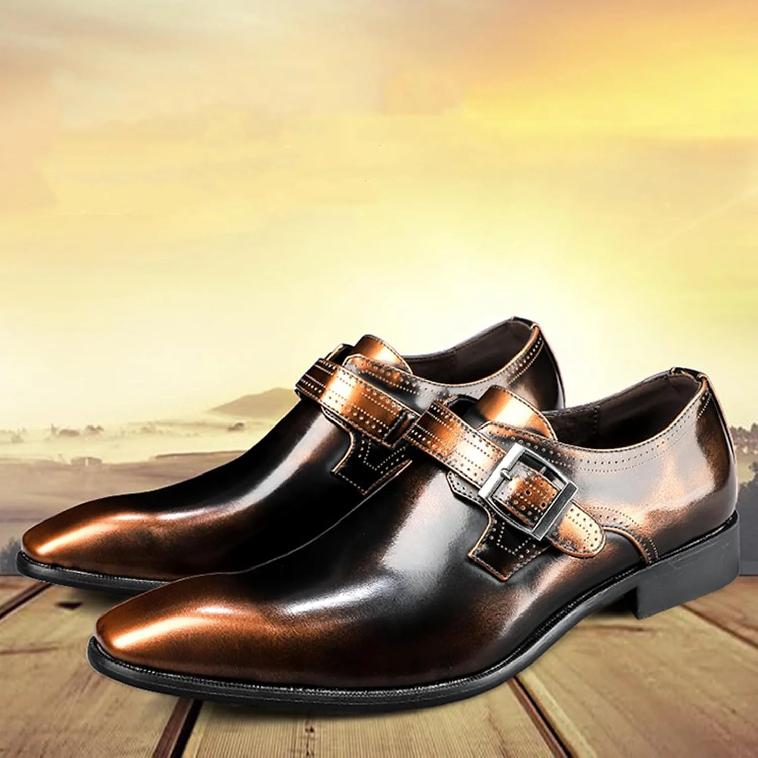Men's Leather Rubbed Color Chunky Heel Formal Loafers Retro Pointed Metal Monk Buckle Non-Slip One-Step Business Wedding Formal Shoes