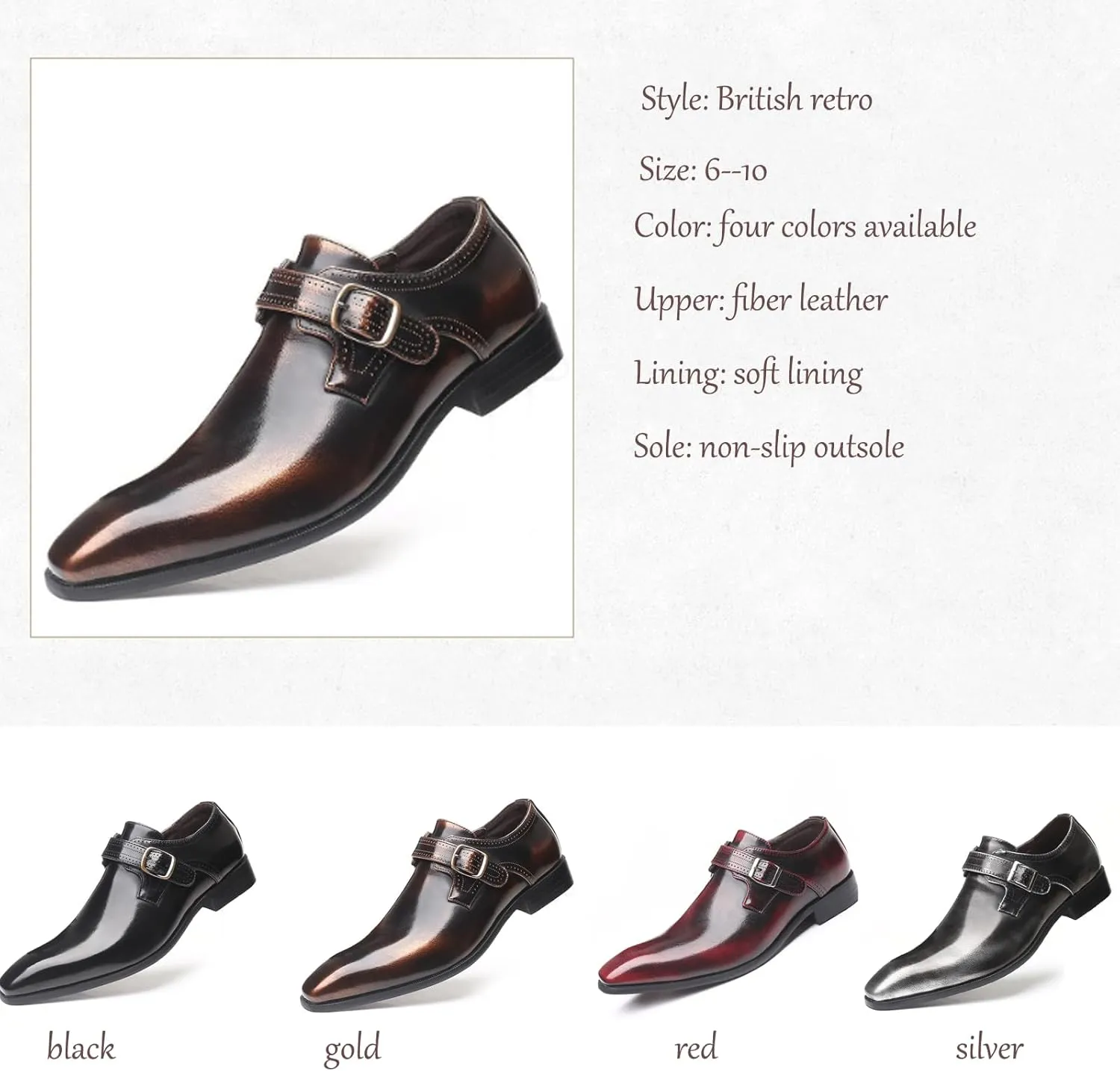 Men's Leather Rubbed Color Chunky Heel Formal Loafers Retro Pointed Metal Monk Buckle Non-Slip One-Step Business Wedding Formal Shoes