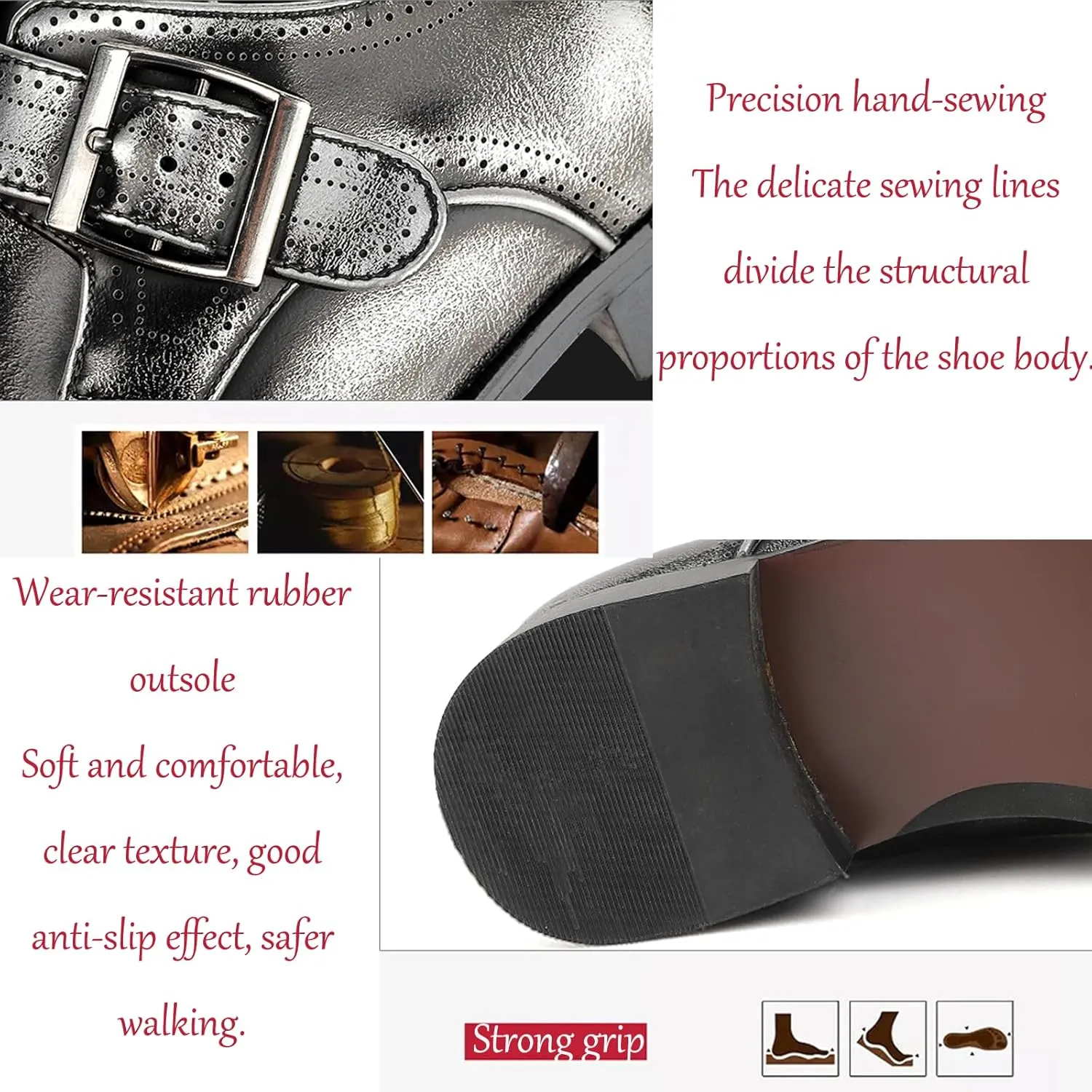 Men's Leather Rubbed Color Chunky Heel Formal Loafers Retro Pointed Metal Monk Buckle Non-Slip One-Step Business Wedding Formal Shoes
