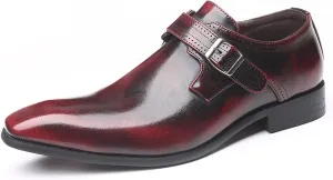 Men's Leather Rubbed Color Chunky Heel Formal Loafers Retro Pointed Metal Monk Buckle Non-Slip One-Step Business Wedding Formal Shoes