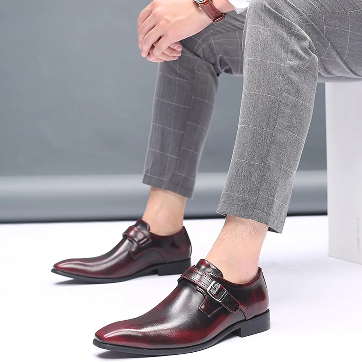 Men's Leather Rubbed Color Chunky Heel Formal Loafers Retro Pointed Metal Monk Buckle Non-Slip One-Step Business Wedding Formal Shoes